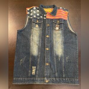 Men's Camo Coll Large Denim Vest with American Flag Design Large NWT